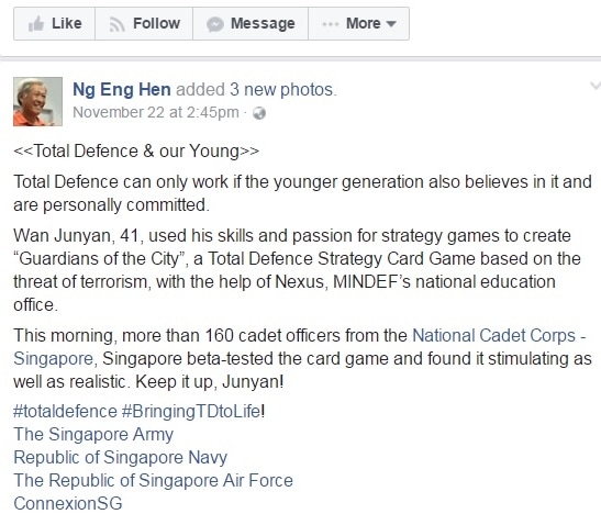 Defence Minister facebook post about Guardians of the City card game