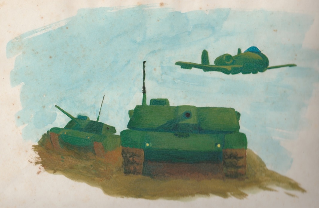 Photo of a watercolour drawing of two M1 Abrams tanks, supported by an A-10.